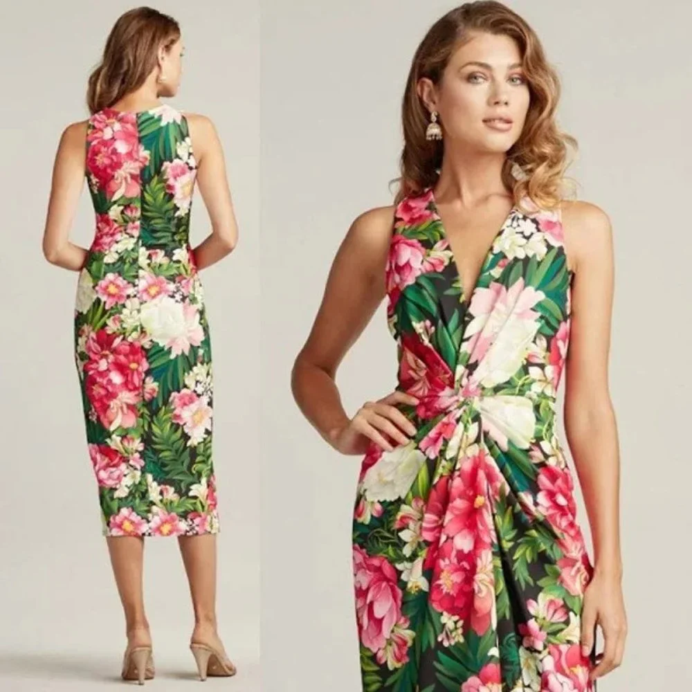 Tadashi Shoji Floral-Print Twist Front V-Neck Cocktail Midi Dress.  SZ XS